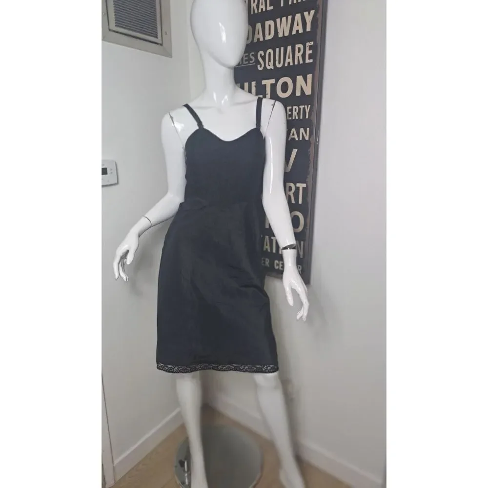 BARBIZON Full Slip Dress Black Vintage Taffeta Lace  Saucy Tafredda ‎ Zip Size 9